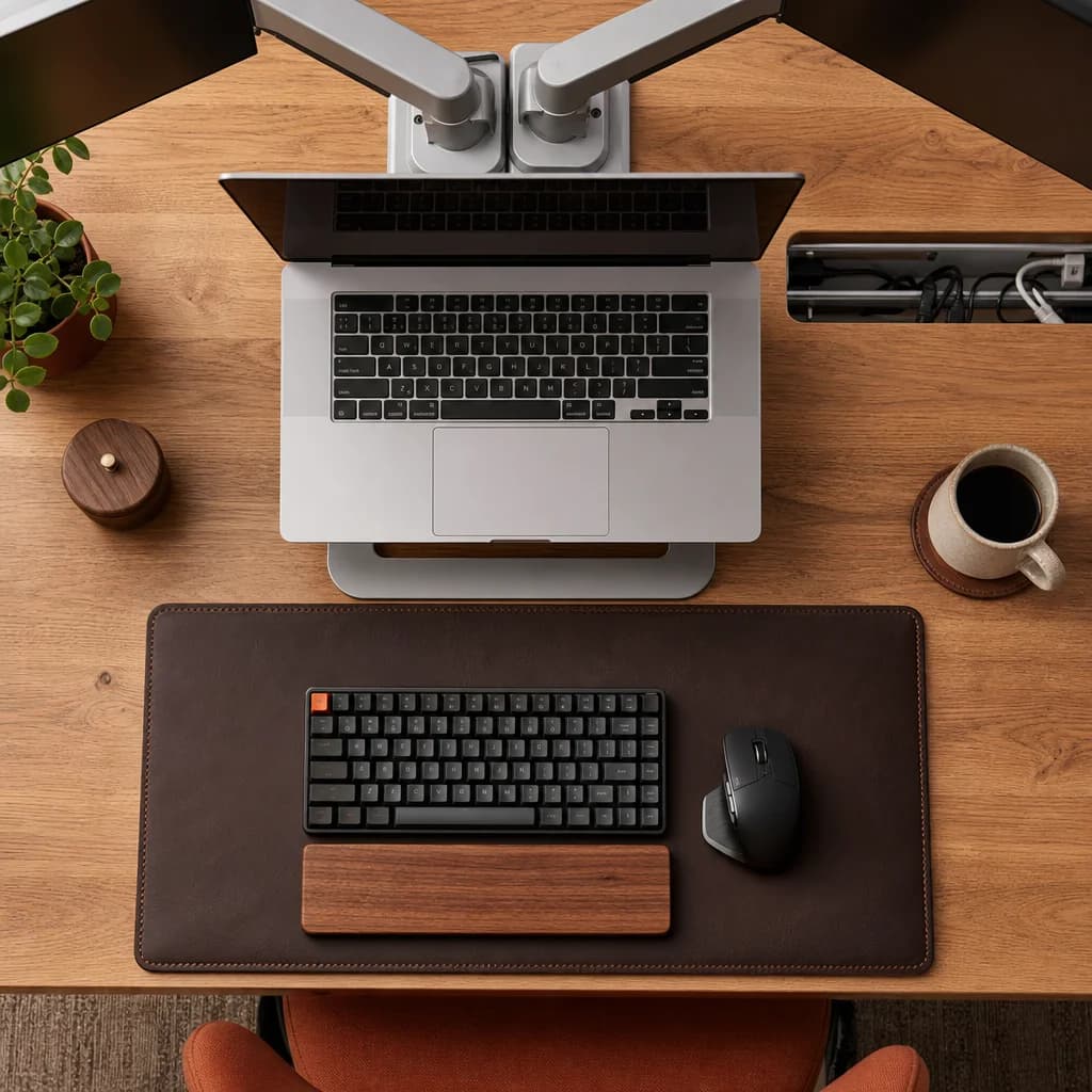A tidy desk setup with leather pad, laptop stand and coffee